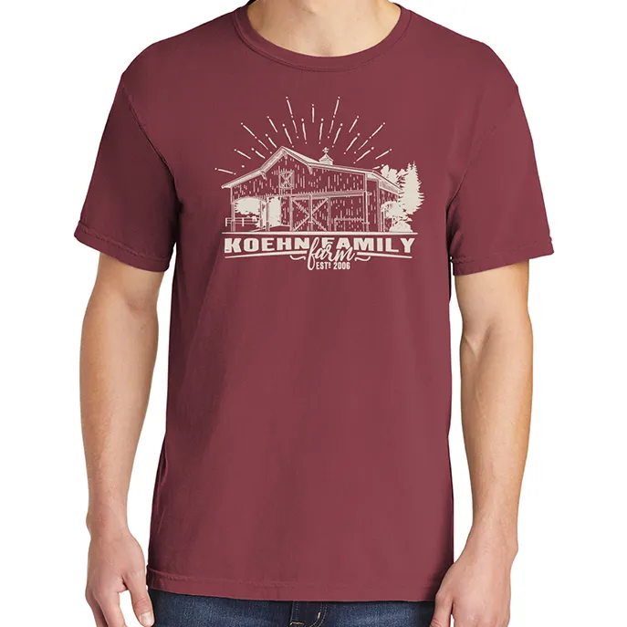 Koehn Family Farm red tee with barn, established 2006