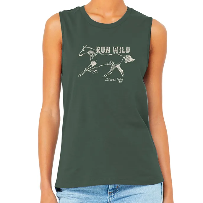 Dark green ladies tank with Run Wild Horse Hebrews 12:1-2 NIV